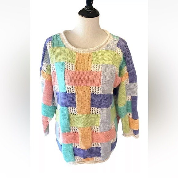 Vintage Debra Lubell Sz Medium Sweater Loose Knit Patchwork Colorful 3/4 Sleeve - Picture 1 of 5